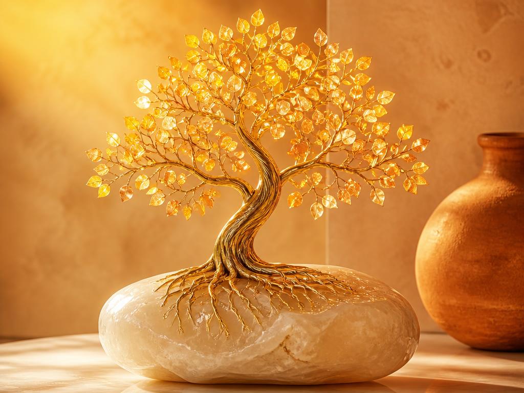 Arbre de lumière aux racines dorées posé sur une pierre claire, évoquant l'héritage familial
